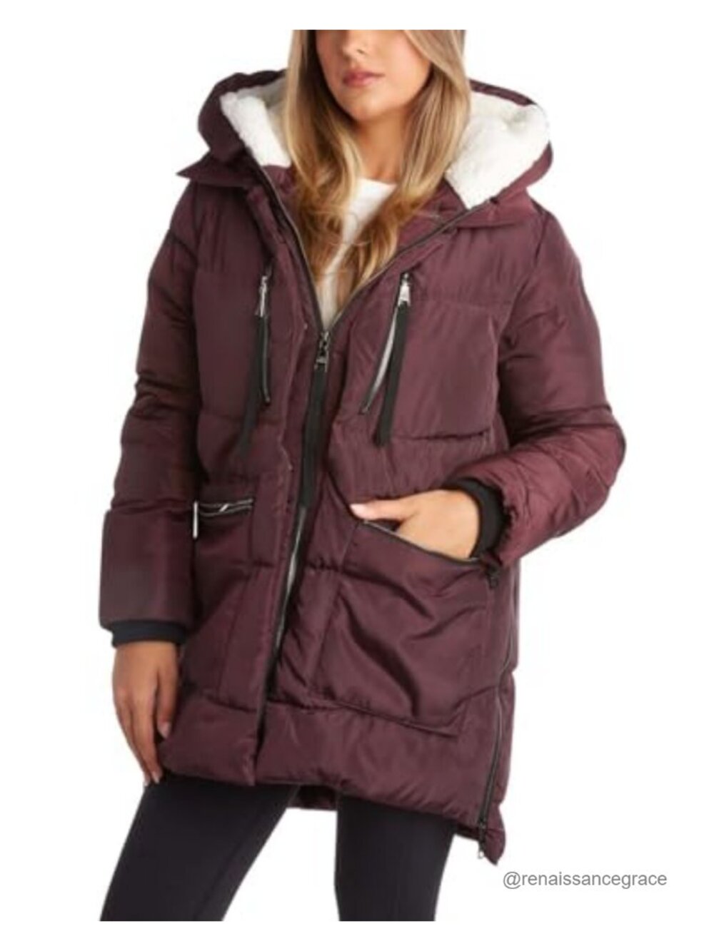 Steve Madden Women's Midlength Puffer Parka Coat Sherpa Hood